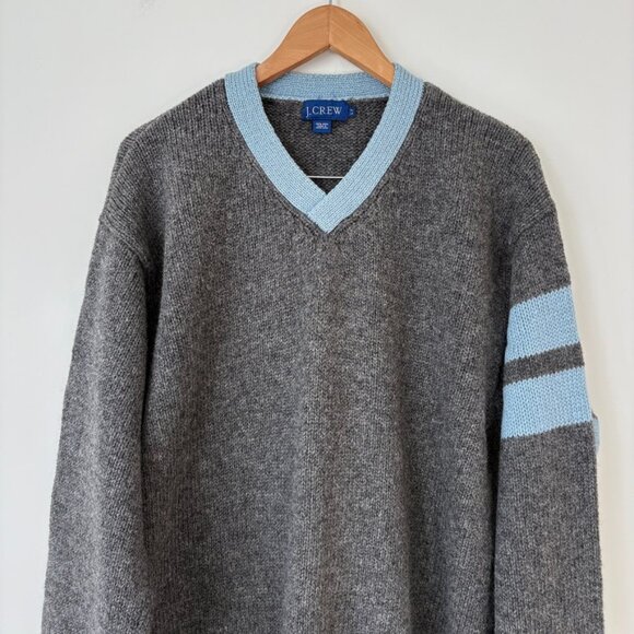J. Crew Vintage 90s Mens Wool Sweater LT Gray Blue Trim Striped Sleeve Hong Kong - Picture 4 of 7